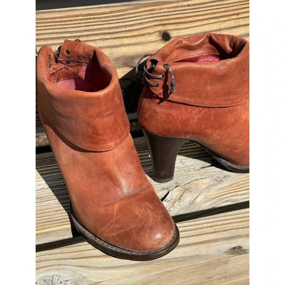 Vtg BRONX  Ankle Boots Leather Lace Up Brown Folded Cuff Womens Sz EU 36 US 6
